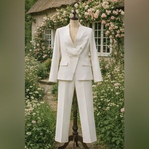 Judith & Charles Elegant White Designer Suit, Blazer & Pant, Satin detail Set